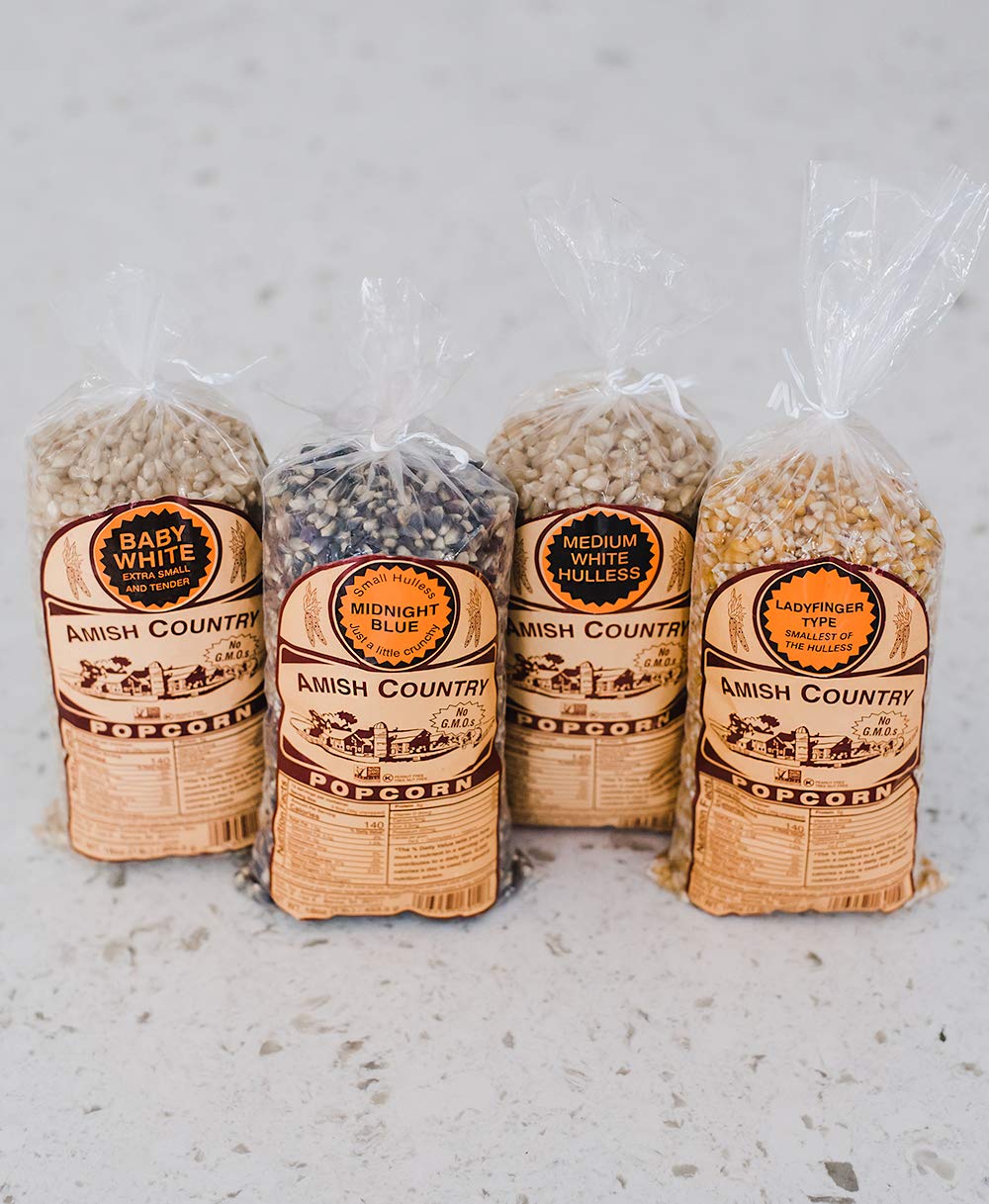 Amish Country Popcorn Medium White 1lb bag yields tender, light popped kernels.
