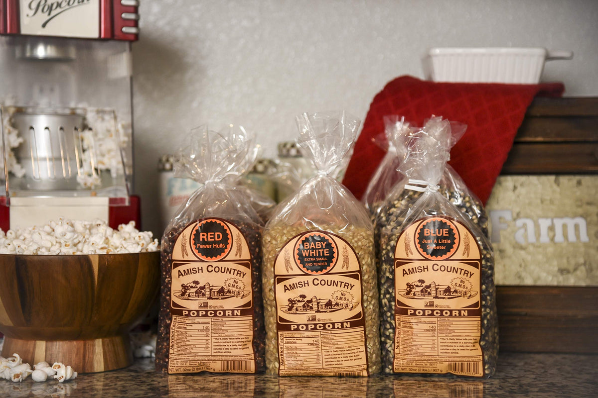 Amish Country Popcorn medium white kernel bag—golden pop and light texture for snacking.
