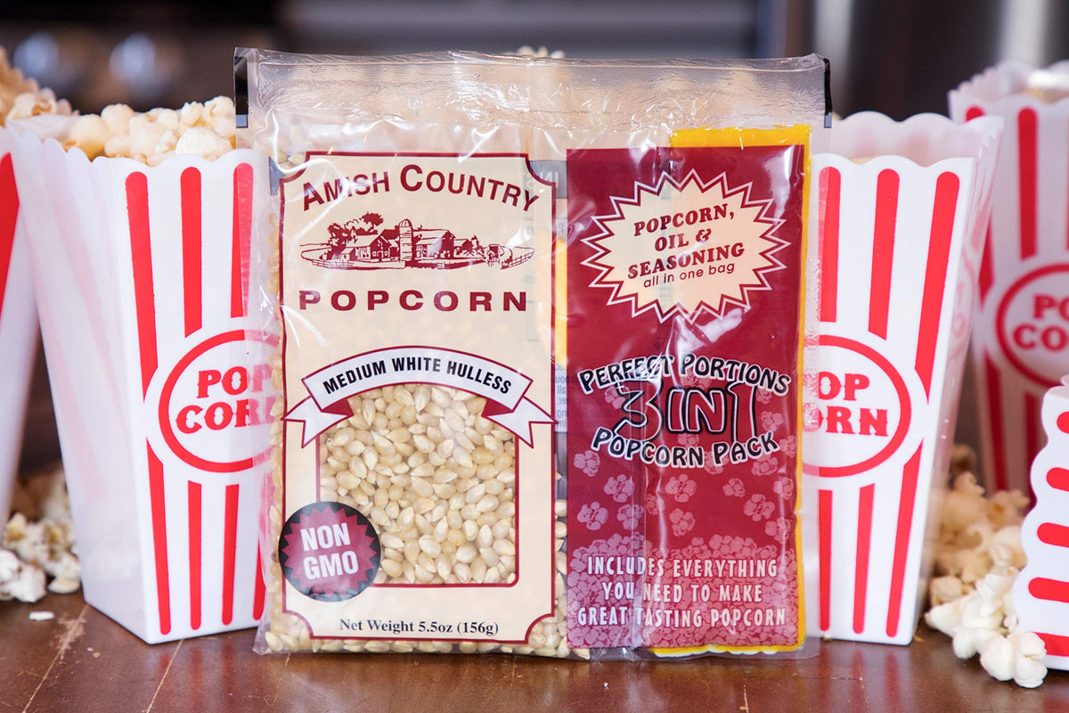 Amish Country Popcorn medium white kernels ideal for theater popcorn.