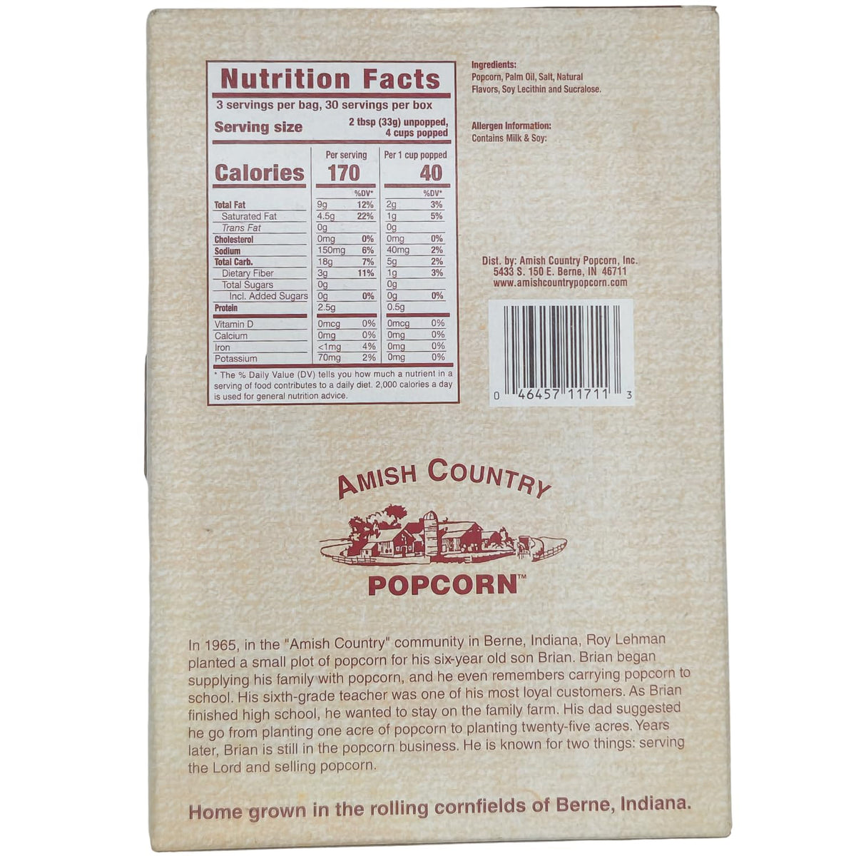 Amish Country Popcorn microwave bags in box for quick, easy popcorn.