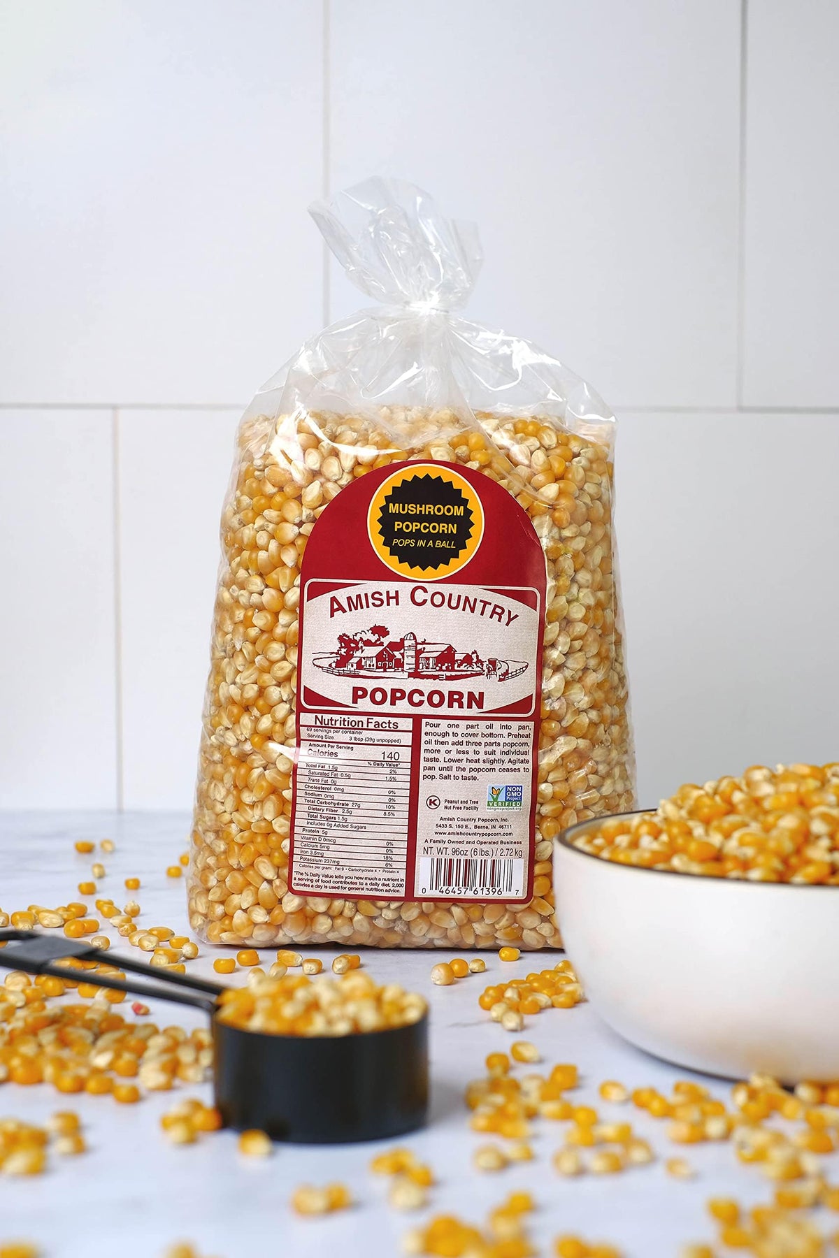 Amish Country Popcorn close-up of mushroom kernels emphasizes size and quality.