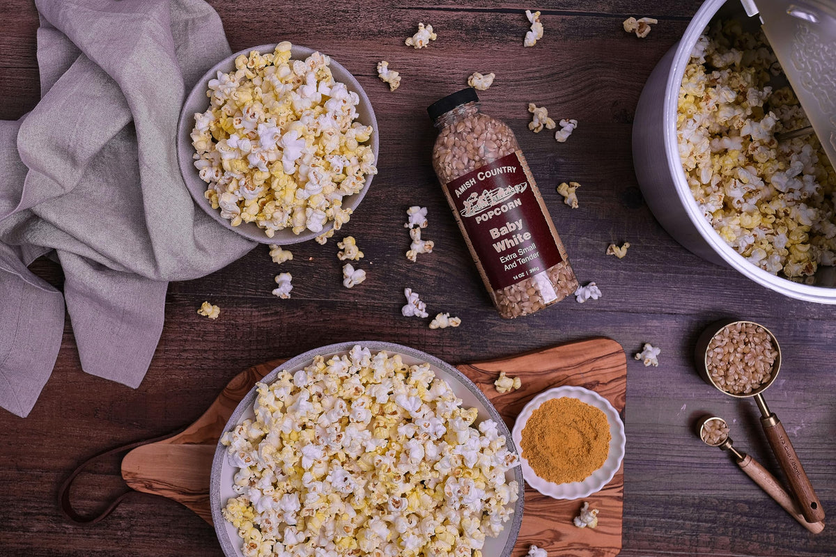 Amish Country Popcorn non-GMO gluten-free badge, assures allergy-conscious snacking.