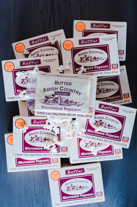 Amish Country Popcorn Non-GMO Gluten Free label for peace of mind.