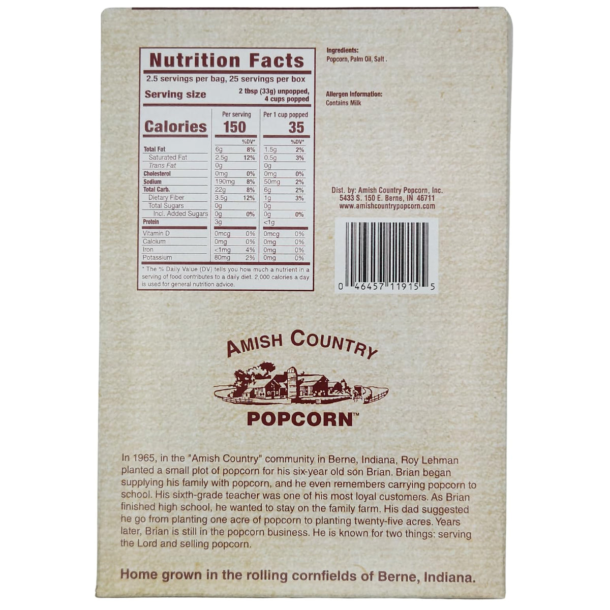 Amish Country Popcorn non-GMO and gluten-free labeling on packaging.
