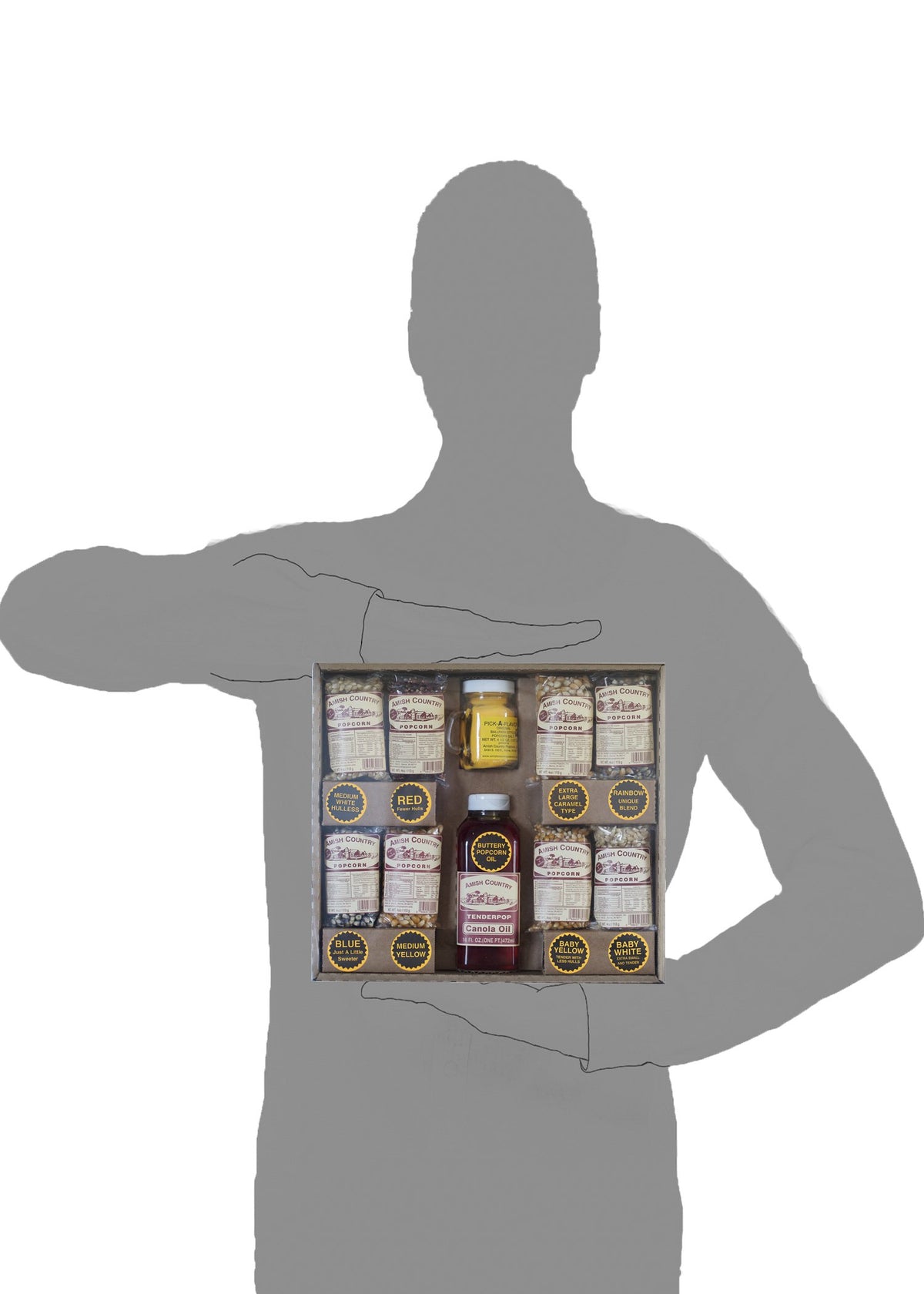 Non-GMO and gluten-free seal on Amish Country Popcorn packaging