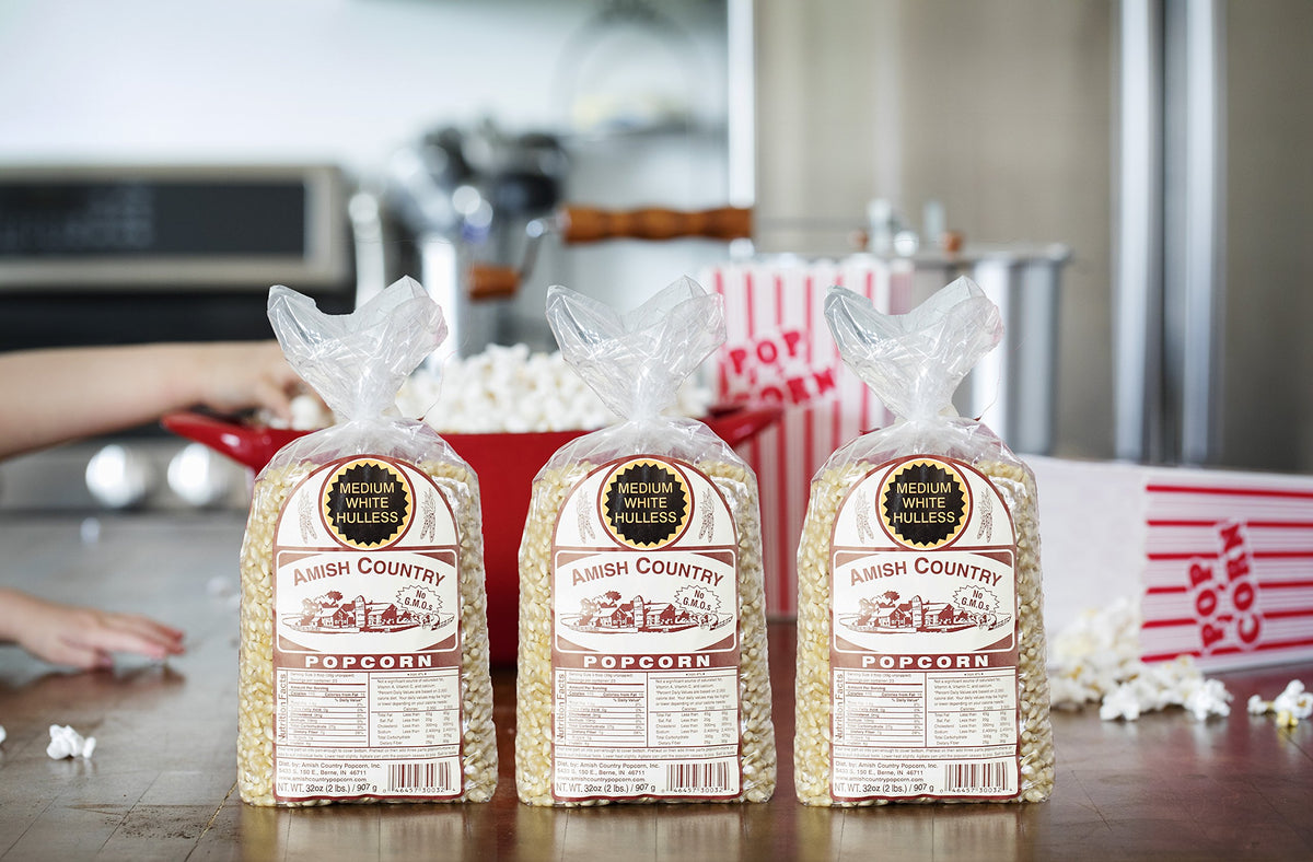 Amish Country Popcorn non-GMO gluten-free label for safe snacking