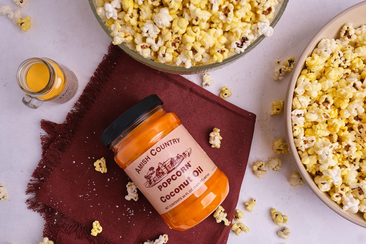Amish Country Popcorn non-GMO label signals mindful snacking.