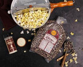 Non-GMO and gluten-free labeling on Amish Country Popcorn Midnight Blue.