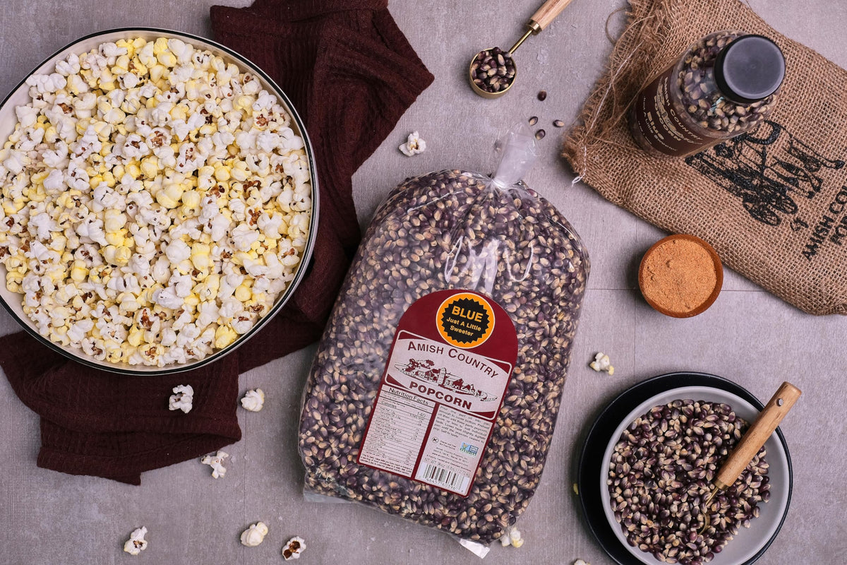 Amish Country Popcorn nut-free label on packaging.