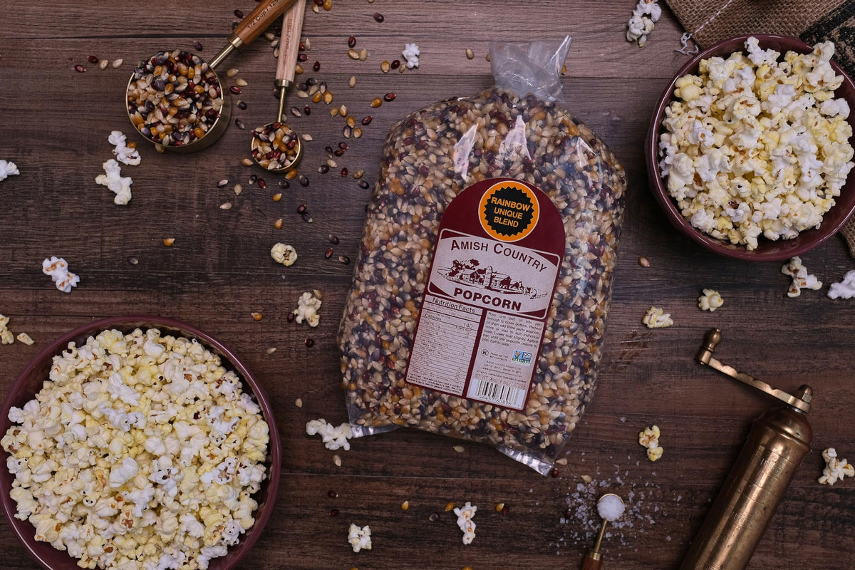 Amish Country Popcorn nut-free label promotes safe snacking at gatherings.