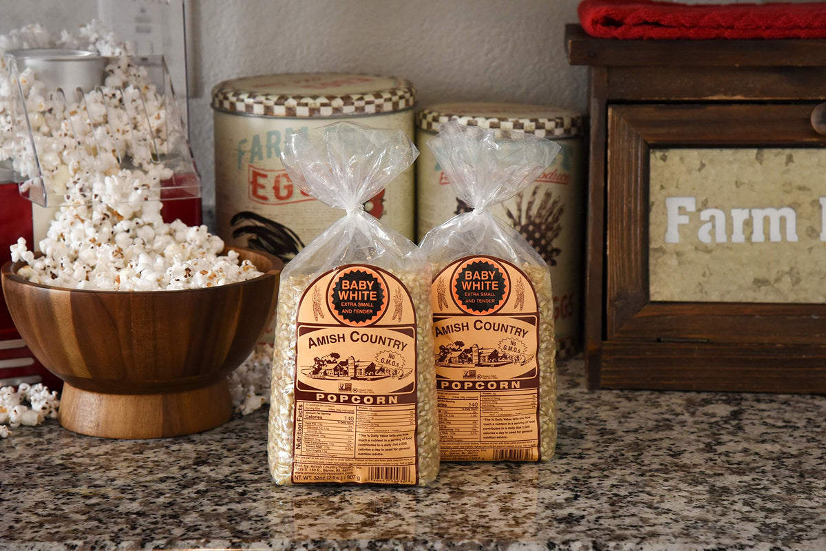 Amish Country Popcorn nut-free packaging for allergy-conscious households.
