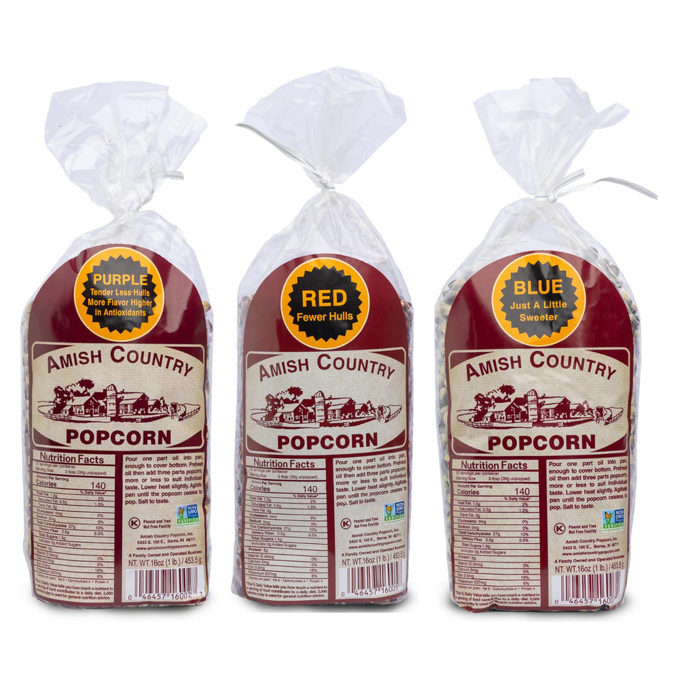 Amish Country Popcorn purple kernels in a bag for vibrant popping