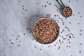 Amish Country Popcorn purple kernels in bowl, ready for quick, colorful snacking.