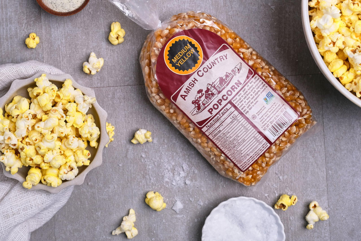Amish Country Popcorn ready-to-pop on stovetop for a quick snack.