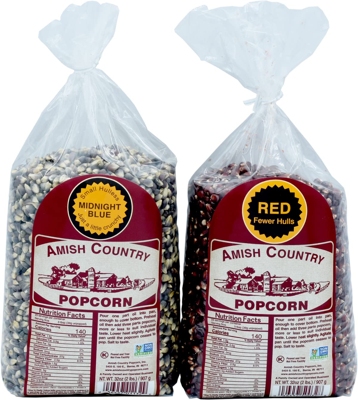 Amish Country Popcorn red kernels in 2lb bag for cozy movie nights.