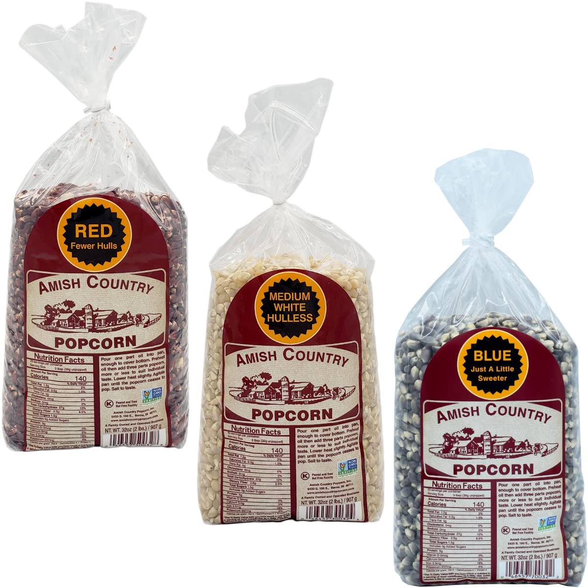 Amish Country Popcorn red kernel bag—crunchy snack, non-GMO and gluten-free.