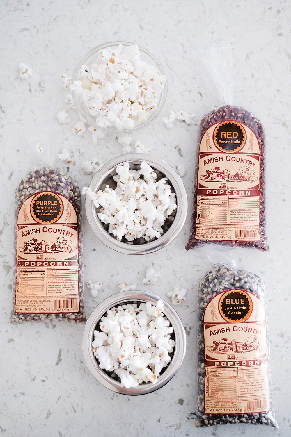 Amish Country Popcorn red kernels in a bag for a classic snack