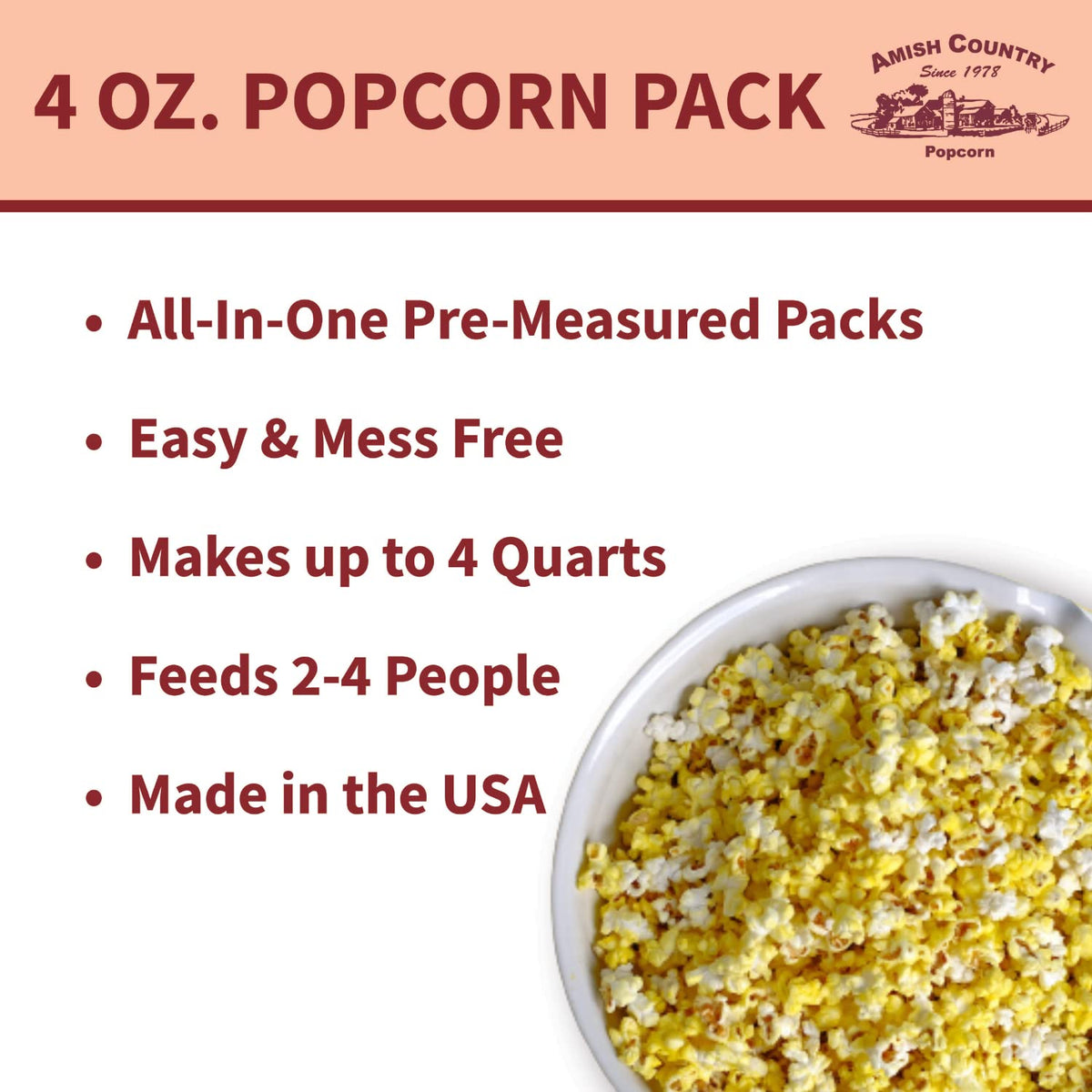 Amish Country Popcorn salt included for ready-to-pop flavor.