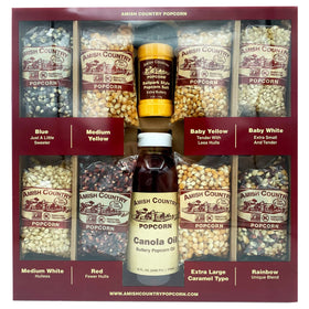 Amish Country Popcorn sampler pack front view showing eight bags for variety
