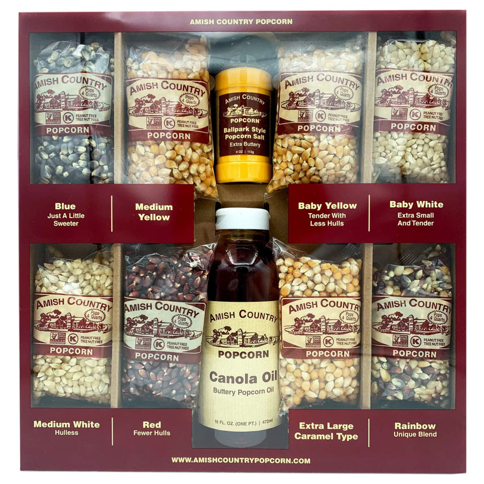 Amish Country Popcorn sampler pack front view showing eight bags for variety