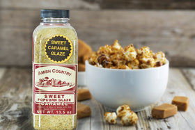 Amish Country Popcorn Sweet Caramel Glaze non-GMO label visible on bag
