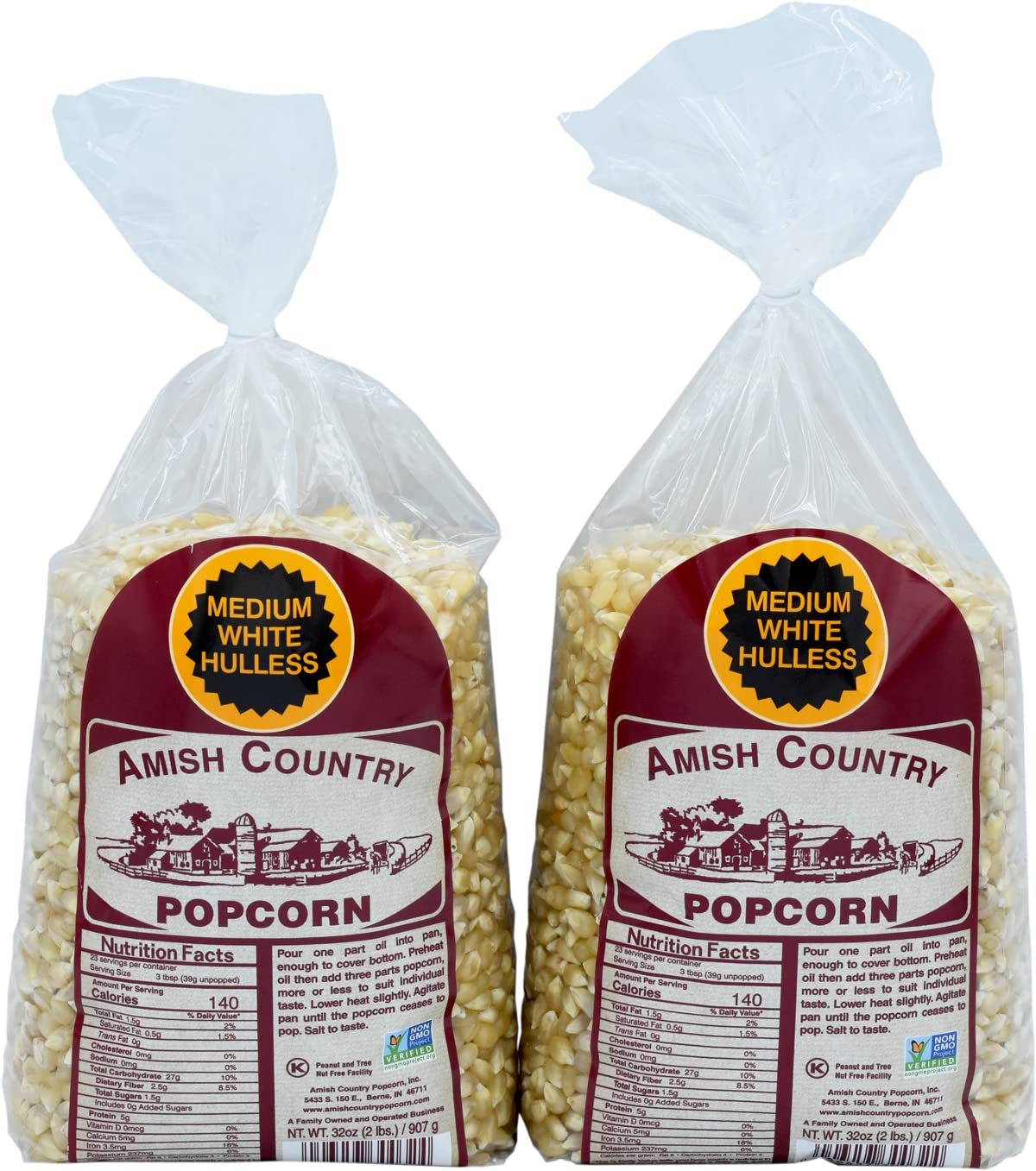 Amish Country Popcorn two 2-lb bags on packaging for convenient home popping