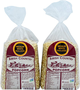 Amish Country Popcorn two 2-lb bags on packaging for convenient home popping