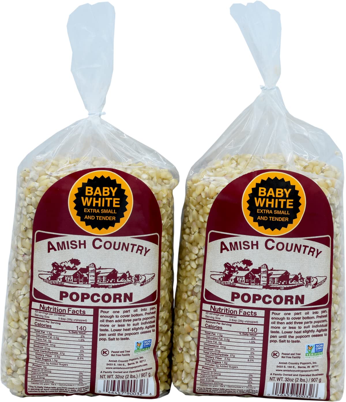 Amish Country Popcorn two bags of baby white kernels ready for home popping.