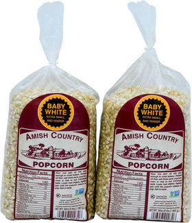 Amish Country Popcorn two bags of baby white kernels ready for home popping.