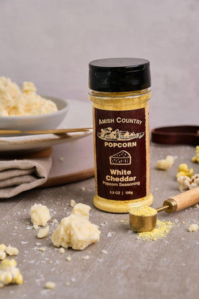 Amish Country Popcorn Two-pack box shows convenient seasoning duo.