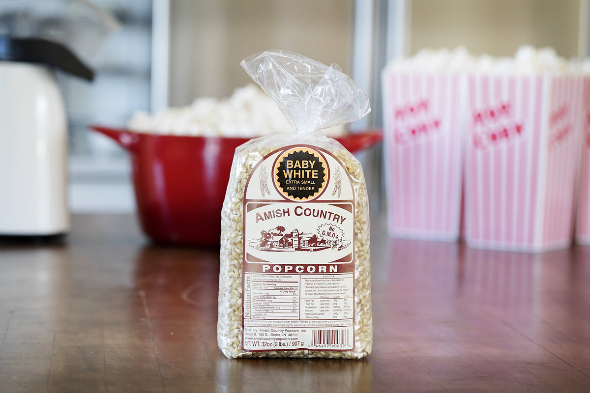 Amish Country Popcorn two-pound bag opened ready for sharing