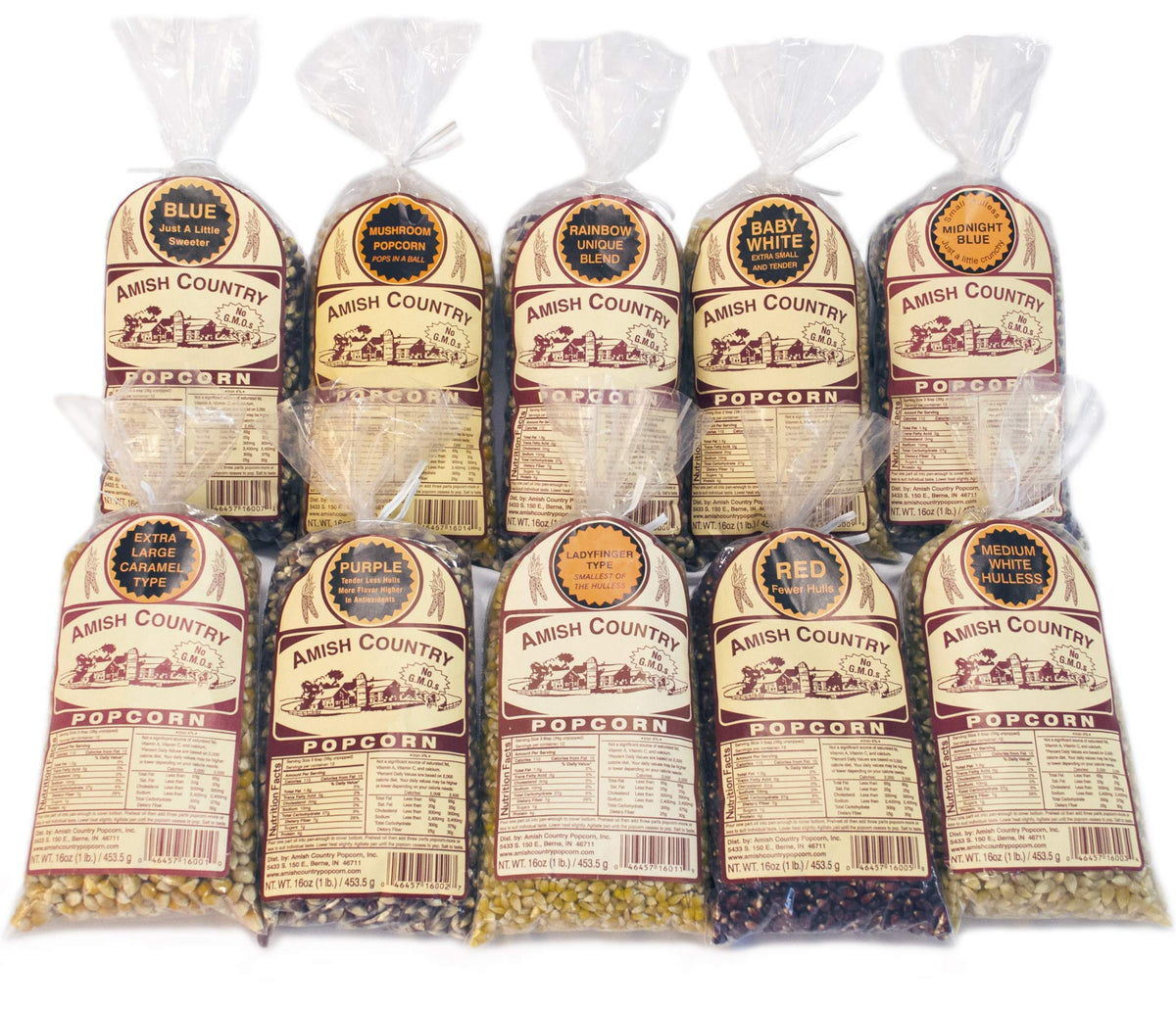 Amish Country Popcorn variety gift set with 10 flavors, ideal for gifting and sharing