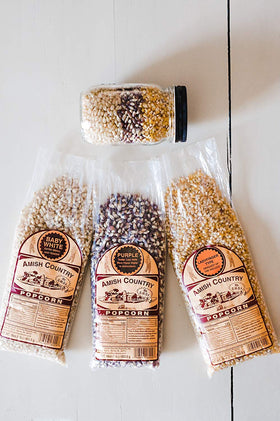 Amish Country Popcorn Variety Pack box shows all three kernel types.