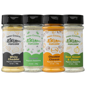 Amish Country Popcorn White Cheddar bottle for bold, movie-night flavors.