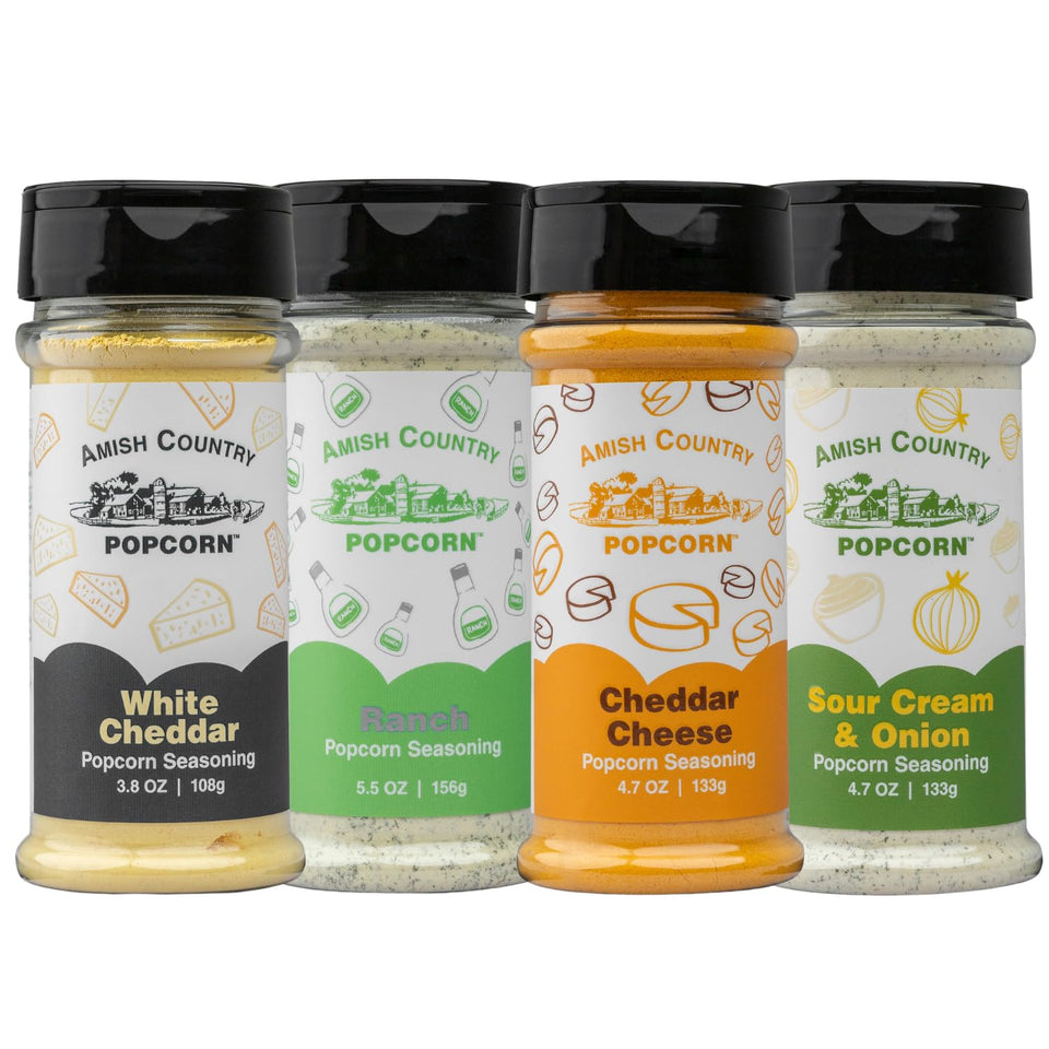 Amish Country Popcorn White Cheddar bottle for bold, movie-night flavors.