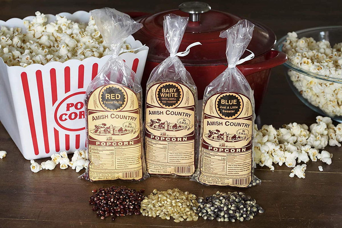 Amish Country Popcorn white kernel bag ideal for light, fluffy pops.