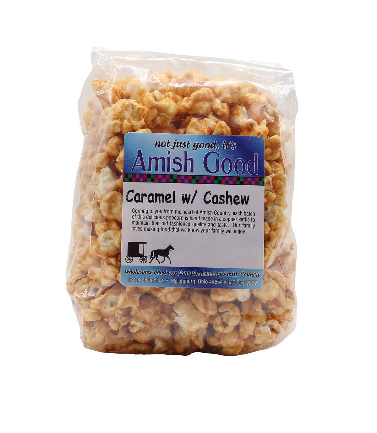 Amish Good caramel popcorn with cashews packaging; premium snack presentation ideal for gifting