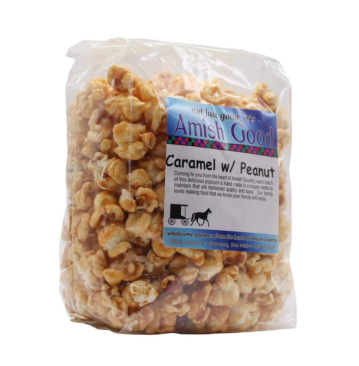 Amish Good Premium Caramel Popcorn with Peanuts close-up—rich caramel coating, ideal party snack.