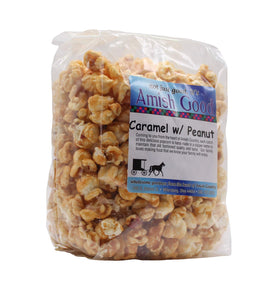 Amish Good Premium Caramel Popcorn with Peanuts close-up—rich caramel coating, ideal party snack.