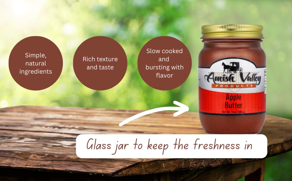 AMISH VALLEY Apple Butter closeup jar shows thick, glossy texture ready for glaze.