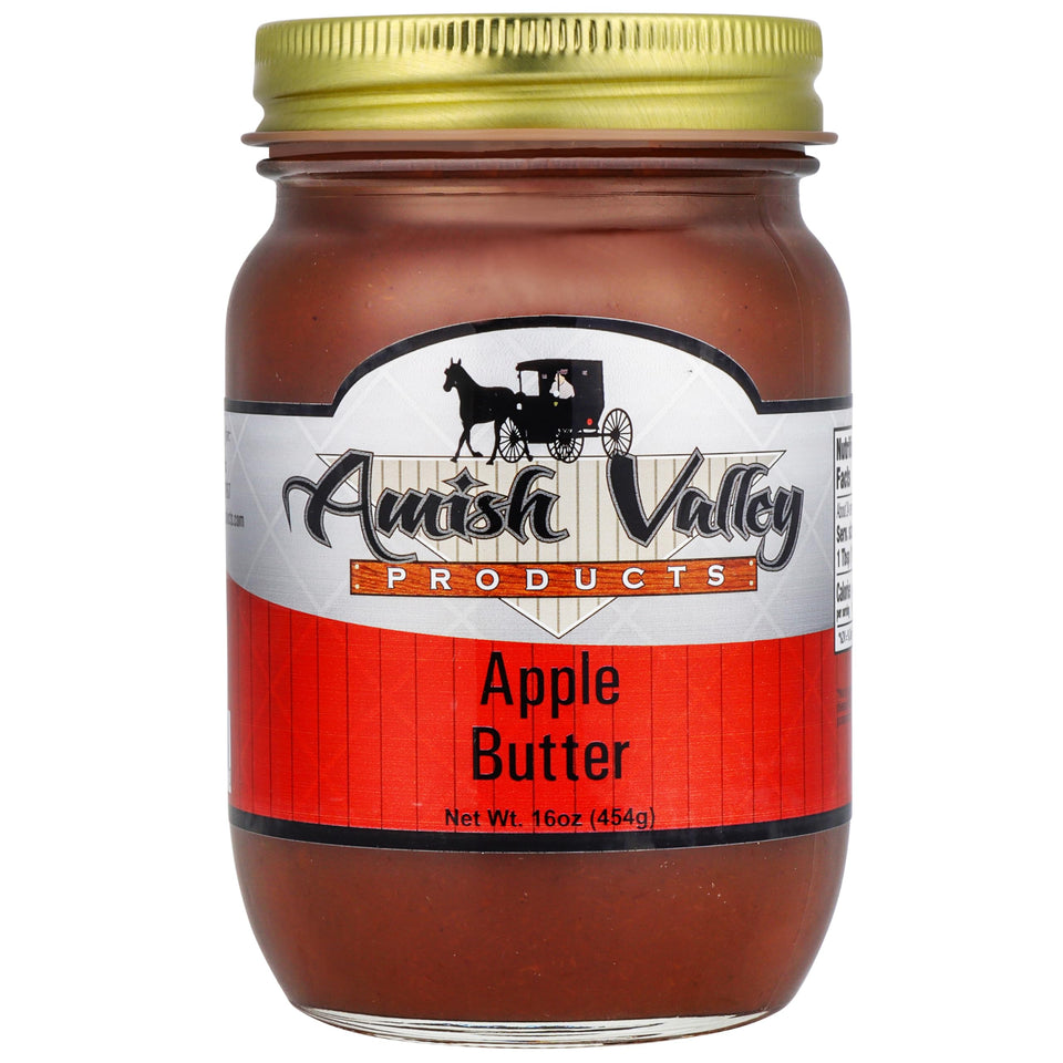 AMISH VALLEY Apple Butter in a glass jar offers rich, homemade flavor for toast and baking.