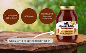 Amish Valley Sorghum Syrup glass jar on kitchen counter showcases old-fashioned, small-batch flavor.