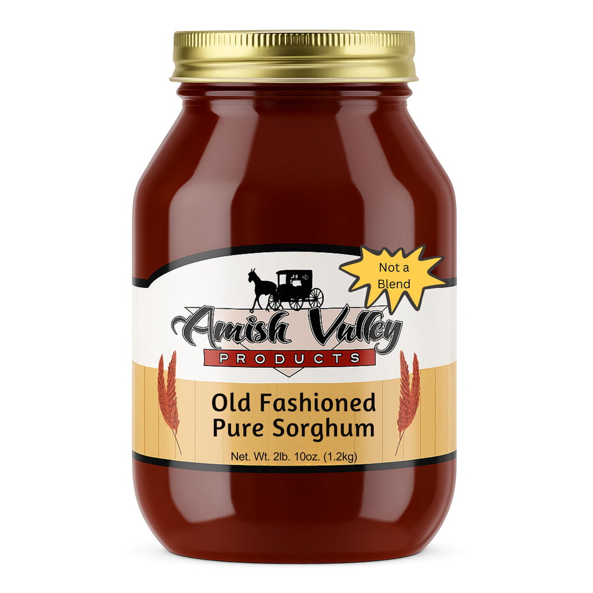 Amish Valley Sorghum Syrup jar closeup highlighting pure, natural sweetness for pancakes.