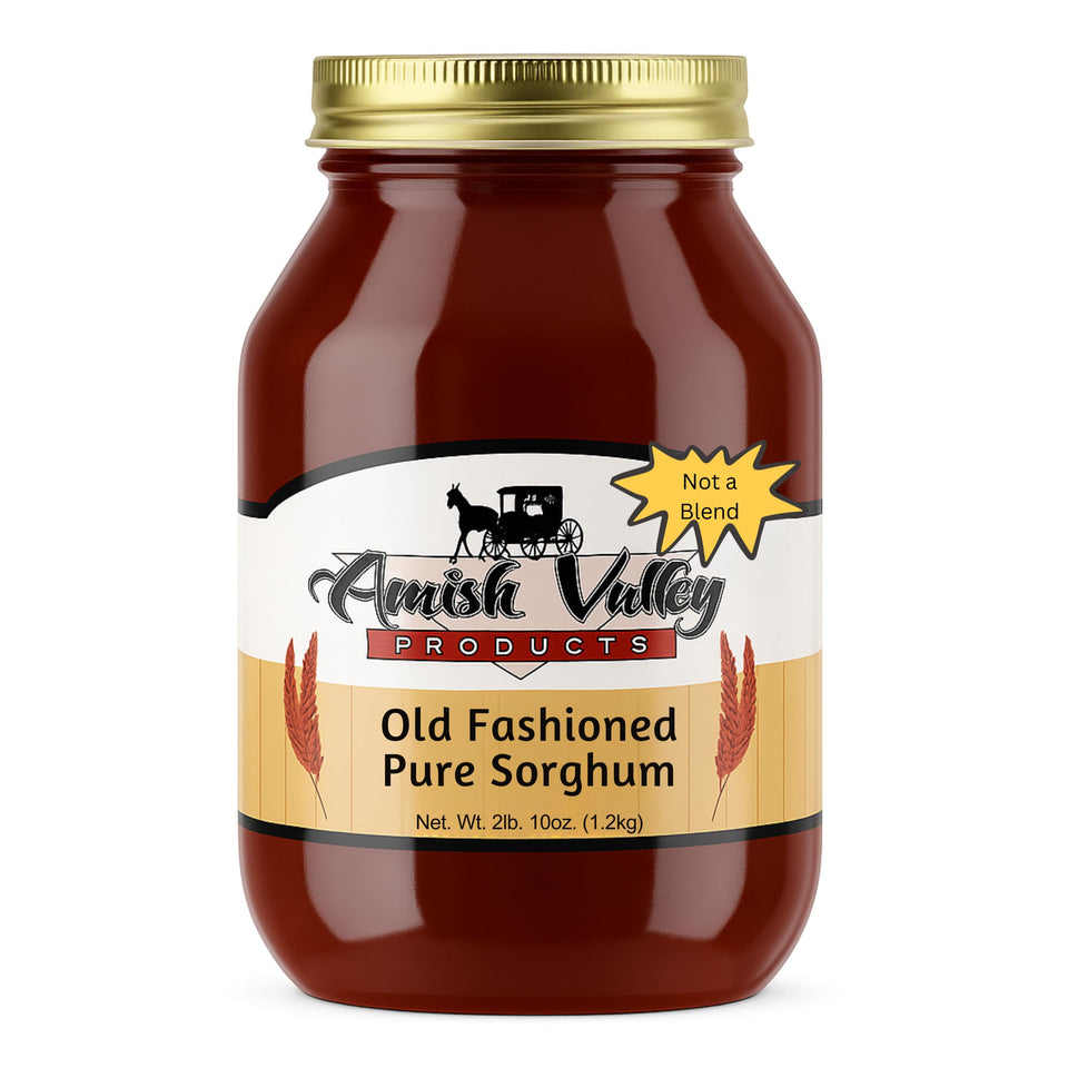 Amish Valley Sorghum Syrup jar closeup highlighting pure, natural sweetness for pancakes.