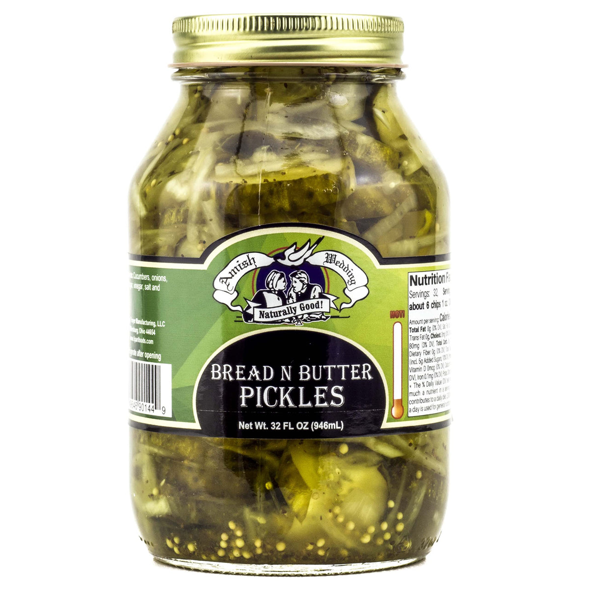 Amish Wedding Bread N Butter Pickles label highlights natural ingredients and traditional craft.