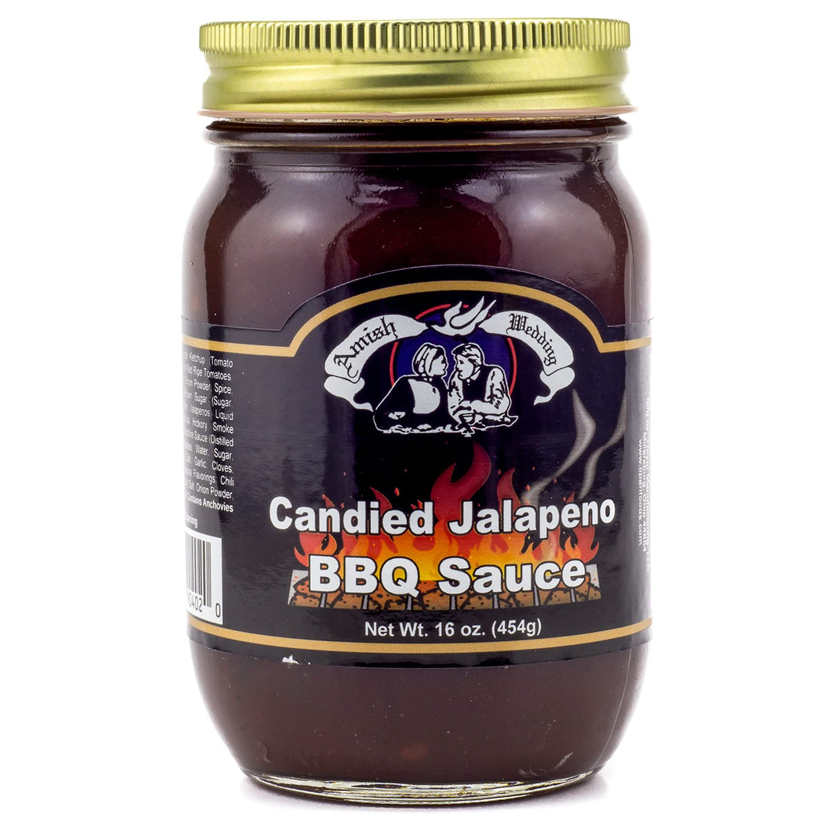 Amish Wedding Candied Jalapeño BBQ Sauce label closeup highlighting ingredients