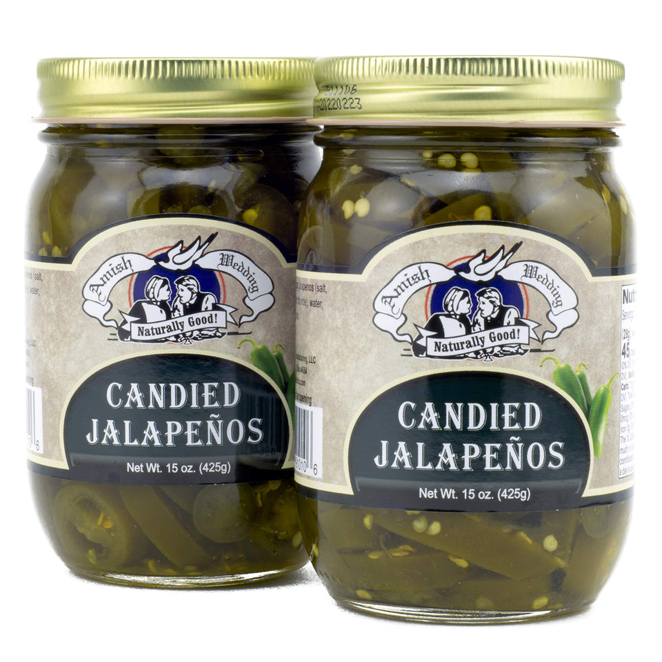 Amish Wedding Candied Jalapenos jar front, ideal pantry staple for quick flavor upgrades.