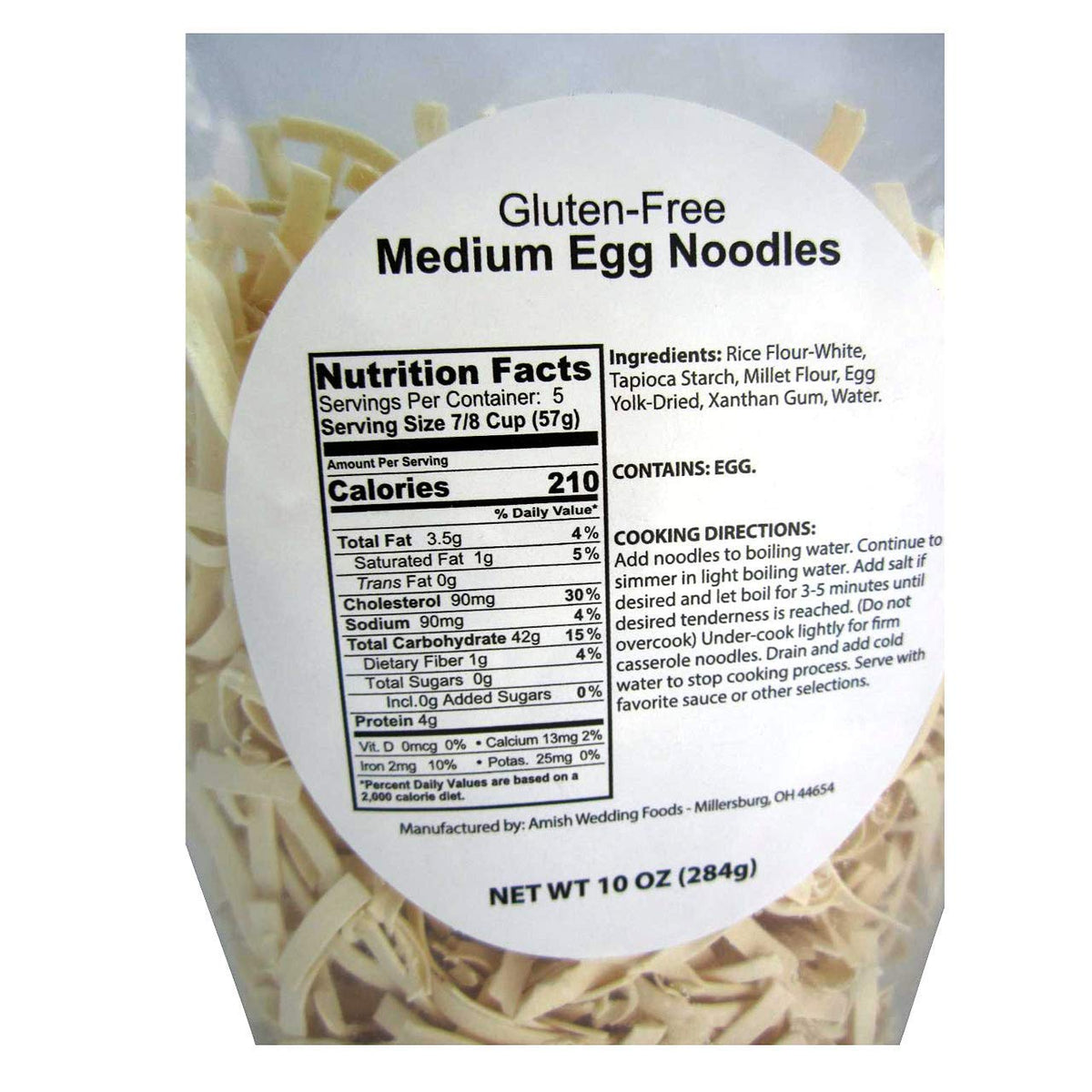 Amish Wedding double yolk egg noodles bag highlights rich yolk color and sturdy texture.