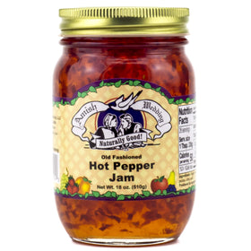 Amish Wedding hot pepper jam jar label closeup, highlighting old fashioned recipe.