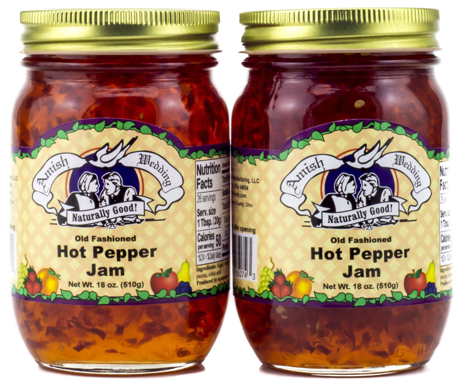Amish Wedding hot pepper jam two-pack bottle front, perfect pantry staple with bold flavor.